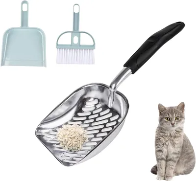 Image de Pelle à litière pour chats, grande, en métal, dimensions 34,5 x 13 cm, avec balai en plastique
