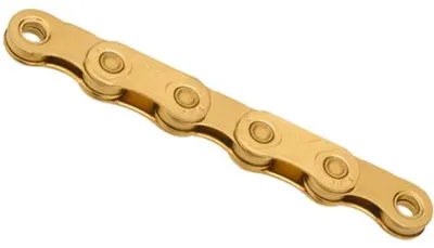 Produktbild von KMC X Flat Kette 12/13-fach 126 Glieder Gold - gewachst mit Kettenschloss.