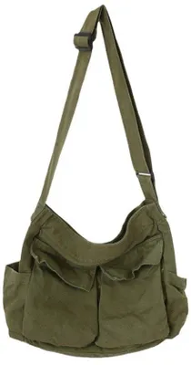 Produktbild von Große grüne Canvas-Tasche, Schultertasche, Crossbody-Tasche, Rucksacktasche, uni, mit Fach.