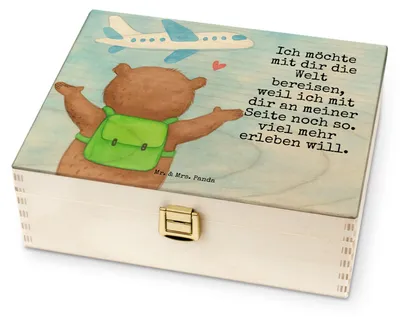 Produktbild von Mr. & Mrs. Panda Tee Box Bär Flugzeug Design - Weiß - Geschenk, Aufbewahrung, für Freundin, Valentinstag, teebox holz, Teedose, Jahrestag, Teekästchen, Partner, Paare