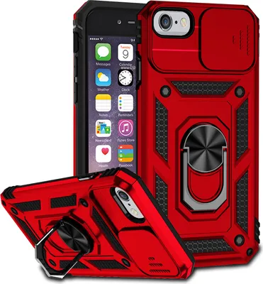 Image de Étui pour iPhone 6/6s/7/8/iPhone SE 2020 étui double couche avec protection coulissante de l'appareil photo et anneau de support rouge