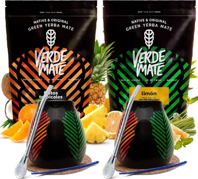 Produktbild von Verde Mate - Mate Tee Set Frutos Tropicales, Limón 2x500g - 5mm Dicke Blätter, Staubfrei - Mit 2x Keramik Becher Samba 350ml, 2x Edelstahl Bombilla