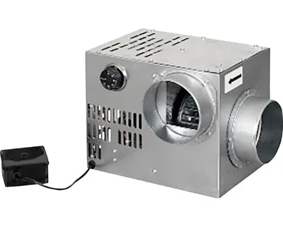A silver metal fan unit with a black electrical box attached by a wire, set against a white background.