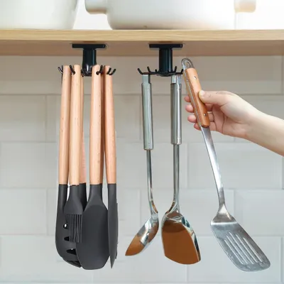 Produktbild von Set mit 2 drehbaren Utensilienhaltern (360°), 6 Haken, kein Bohren erforderlich, für Küche und Bad, Schwarz