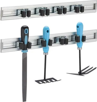 Produktbild von Famanu Aufhängesystem für Gartengeräte - Set aus 2 mit 4 Haltern - Aluminium silber