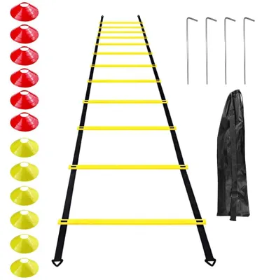 Productafbeelding van Speedladder trainingsladder coördinatieladder - 518 cm, 12 sporten, 12 kegels - Geel en oranje - Voetbaltraining