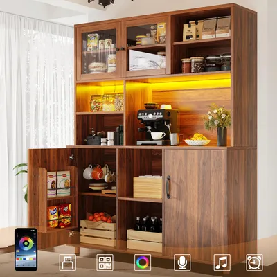Produktbild von Hochschränke fürs Wohnzimmer(120×40×185cm), Küchenschrank,Esszimmerschrank mit Schubladen,Schränke mit LED-Beleuchtung, Schranktür mit Snackablage,Retro-Stil, Walnussfarbe