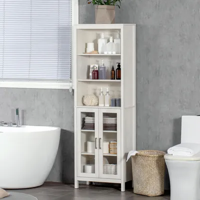 Produktbild von Hoher Badezimmerschrank mit Glastüren und 3 offenen Regalen, 53x30x162 cm, Weiß