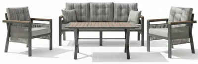 Zdjęcie produktu dla Zestaw mebli tarasowych: sofa dwuosobowa, fotel, stolik. Kolor: szary. Styl: nowoczesny