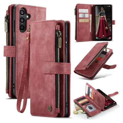 A collage of images showing a red leather wallet-style phone case for a Samsung Galaxy A15, with various angles and features displayed.