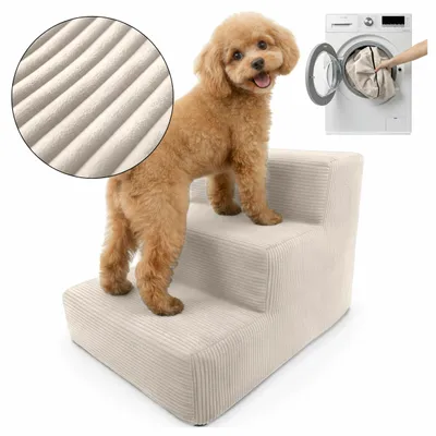 Produktbild von Muralo Treppe für Hund und Katze Rampe HUNDTREPPE Treppe für Haustiere 3 Stufen Beige Cordstoff