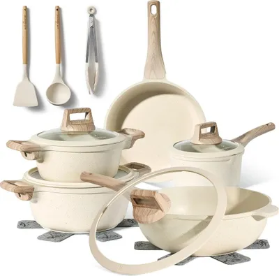 Image de Ensemble de batterie de cuisine antiadhésive en granit, 14 pièces, beige