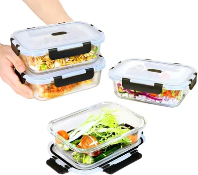 Obrázek produktu pro Skládací nádoby – Krabičky na jídlo – Příprava jídel – Horkovzdorné sklo – Sada 4 kusů – Průhledné