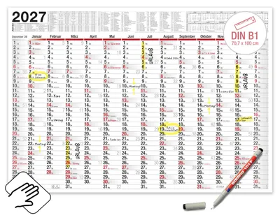 Produktbild von Wandkalender 2027 XXL B1 Abwischbar mit Edding Stift 70x100 cm Jahresplaner Feiertage DE AT