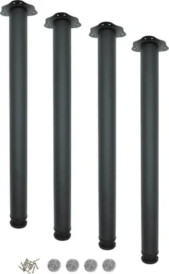 Four black table legs with mounting plates and screws and felt pads on a white background.