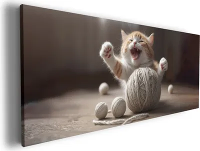 Produktbild von Wallario Premium Leinwandbild Katze mit Wollknäuel in Größe 80 x 200 cm