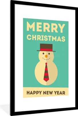 Produktbild von MuchoWow® MuchoWow® Gerahmtes Poster Illustration - Schneemann - Weihnachten - Zitate - Frohe Weihnachten und ein gutes neues Jahr - Blau 60x90 cm - Poster mit zchwarzem Bilderrahmen - Dekoration - Wa