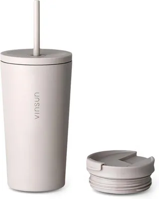 Produktbild von Famanu Isolierbecher mit Strohhalm und Trinkdeckel 480ml - Leckfreier Edelstahl Thermobecher für Warm & Kalt