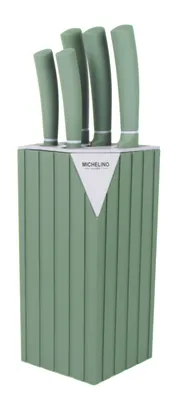 Produktbild von 6-teiliger Messeblock, Kochmesser, Tranchiermesser, Brotmesser, Universalmesser, Gemüsemesser - Grün