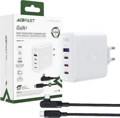 Zdjęcie produktu dla Szybka ładowarka Acefast GaN 3xUSB-C/1xUSB-A 100W biała + kabel kątowy USB-C - USB-C 100W 2m biały