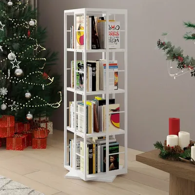 Immagine prodotto di Libreria girevole - Libreria - Scaffale per libri - Scaffale portaoggetti - Mobiletto a scomparti - Bianco - 4 ripiani con funzione di rotazione a 360°