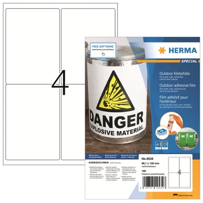 Zdjęcie produktu dla HERMA 9539, Biały, Prostokąt, A4, Polietylen, Matowy, Laser