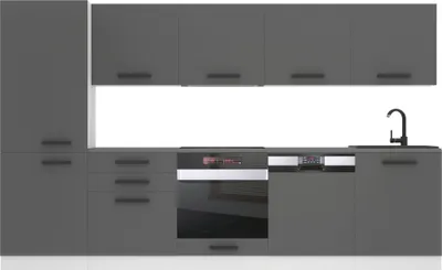 Produktbild von Belini Küchenzeile Küchenblock Rose - Küchenmöbel 300 cm Einbauküche Vollausstattung ohne Elektrogeräten mit Hängeschränke und Unterschränke, ohne Arbeitsplatten, Silber matt
