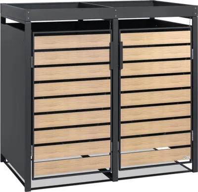 A two-bin trash can enclosure with wooden-look doors and a planting roof, shown from the front.