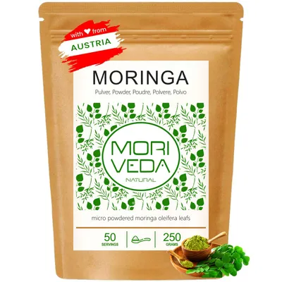 Produktbild von Moringa Blattpulver mikrofein vermahlen, höchste Bioverfügbarkeit, 100% Oleifera, 250g von Moriveda