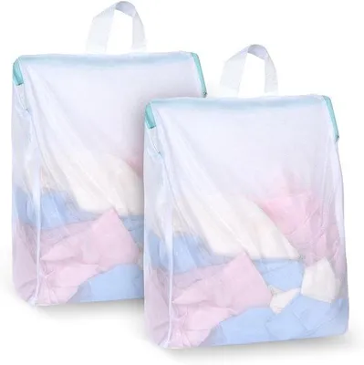 Produktbild von 2 Stück Wäschenetz, klein, 30 x 40 cm, weiß, mit Reißverschluss und Tragegriffen – Wiederverwendbare Wäschebeutel für Feinwäsche, Unterwäsche, BHs und Babykleidung