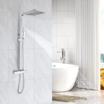 Produktbild von STANEW Duscharmatur mit Thermostat, 70-115 cm Höhenverstellbar, Regendusche (200 x 200 mm) mit Handbrause (2 Strahlarten), Chrom