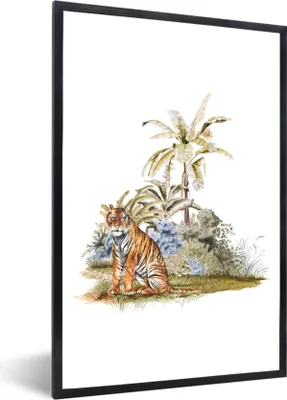 Produktbild von MuchoWow® MuchoWow® Gerahmtes Poster Tiger - Pflanzen - Weiß 60x90 cm - Poster mit zchwarzem Bilderrahmen - Kunst
