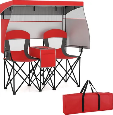 Produktbild von COSTWAY Campingstuhl mit verstellbarem Sonnenschutz, Kühltasche, Becherhalter & Tragetasche, Klappstuhl, Angelstuhl faltbar für 2 Personen, Rot