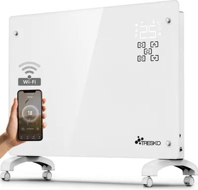 A white Tresko smart infrared heater with a mobile phone displaying a temperature setting.