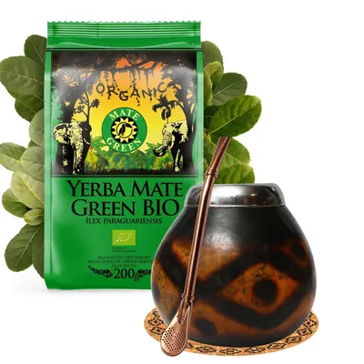 Produktbild von Yerba Mate Tee Mate Green Organic Set - Mate Green Organic 200g - Kalebasse Diamante - Bombilla, korkpad - Yerba Mate Gourd Set