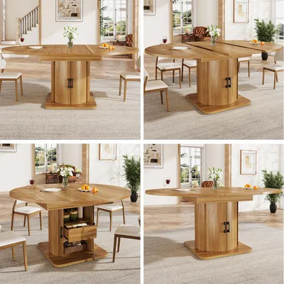 Produktbild von Esstisch ausziehbar Esszimmertisch Küchentisch Rund zu Oval 118-158 cm 6 Personen Schubladen Dunkelbraun