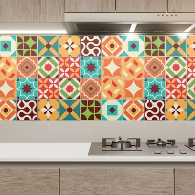 Produktbild von WALPLUS 24 Stück Fliesenfolie Bad 15 x 15 cm Klebefliesen Küchenrückwand Hitzebeständig Ziggy Colorful Retro Selbstklebende Fliesen für Küche Bad