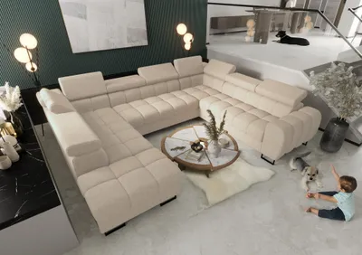 Productafbeelding van Zitmeubel met slaapbank BASTIEN XL, bekleed met stof Aragon in de kleur crème, met een chaise longue aan de linkerkant