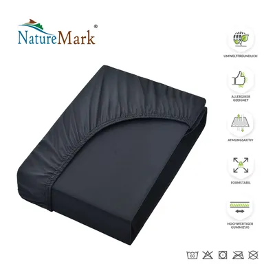 A dark gray fitted sheet is shown folded on a white background, with various feature icons and text on the right side.