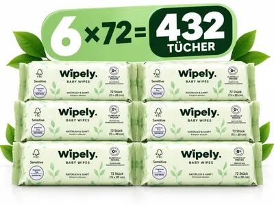 Produktbild von Wipely Baby Feuchttücher Sensitive 6er Set (432 Stück) – 99% Wasser, Ohne Parfum & Alkohol, getestet, Biologisch abbaubar, recycelbar