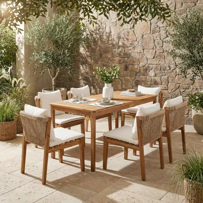 Produktbild von Merax Garten-Essgruppe 6 Personen mit Massivholz Tisch und Stühle, Gartenmöbel-Set Ecksofa Outdoor mit Kissen und Handgeflochtene Rückenlehne, Beige