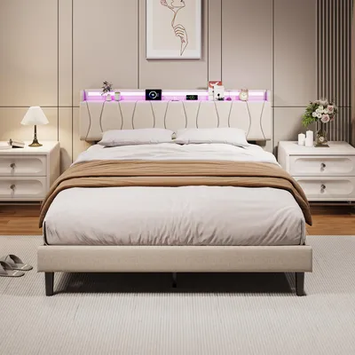 Produktbild von UnboxG Polsterbett 140x200 cm mit Stauraumkopfteil, LED, USB- & Type-C-Anschluss, 18 cm Bodenfreiheit und Lattenrost, Leinen, Beige