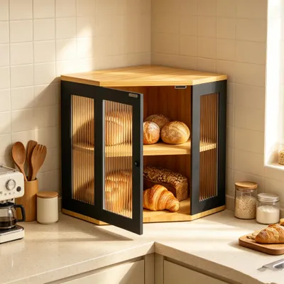 Produktbild von 2 Etagen Brotkasten Ecke, Groß Brotkästen aus Bambu,Brotbox zur Brotaufbewahrung mit Acryltür,Brotwächter für Röstbrot und Gebäck 29x29x35cm Schwarz