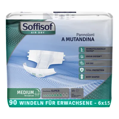 Obrázok produktu pre Soffisof Air Dry plienky pre dospelých Super M – 90× inkontinenčné nohavičky – 6 balení po 15 plienkových nohavičkách, 8 kvapiek