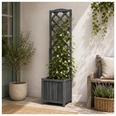 Produktbild von Pflanzkasten mit Rankgitter aus Holz grau Blumenkasten für Terrasse, Balkon und Garten