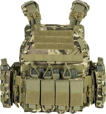 Produktbild von Linovit® Multicam verstellbare taktische Weste, Plattenträgertyp, für Airsoft, Paintball, Outdoor oder Jagd, 1000D Oxford-Material, MOLLE-System, mehrere Taschen, Innentaschen für ballistische Platten, grünes Tarnmuster
