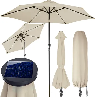 Produktbild von KINGSLEEVE® Sonnenschirm LED Beleuchtung UV Schutz 80+ Solar Schutzhülle 270cm Groß Kurbel Knickbar Balkon Terrasse Gartenschirm Marktschirm Beige