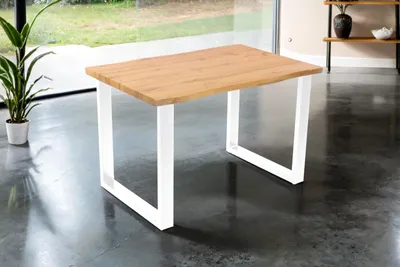 Produktbild von Esstisch Josy | 120 x 80 cm | Holz Wildeiche-Optik| U-Gestell Metall Weiß | 40 mm Tischplatte mit Baumkante | Tisch für Esszimmer & Küche
