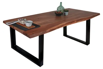 Produktbild von Esstisch Baumkante massiv Akazie Nussbaum 220 x 100 U-Gestell schwarz THEA