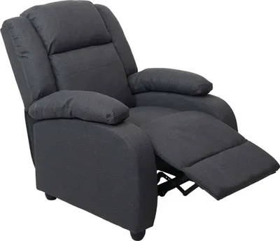 A dark gray recliner chair is shown from a side-angle with the footrest extended.